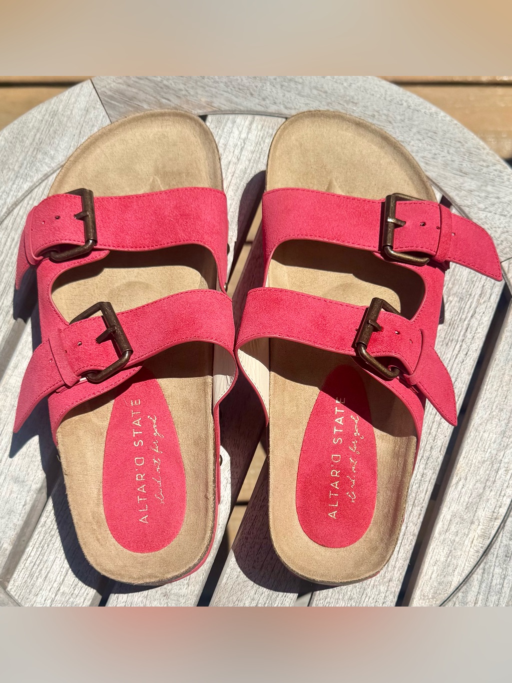 Altar'd State Coral-Pink Double Buckle Slide Sandals